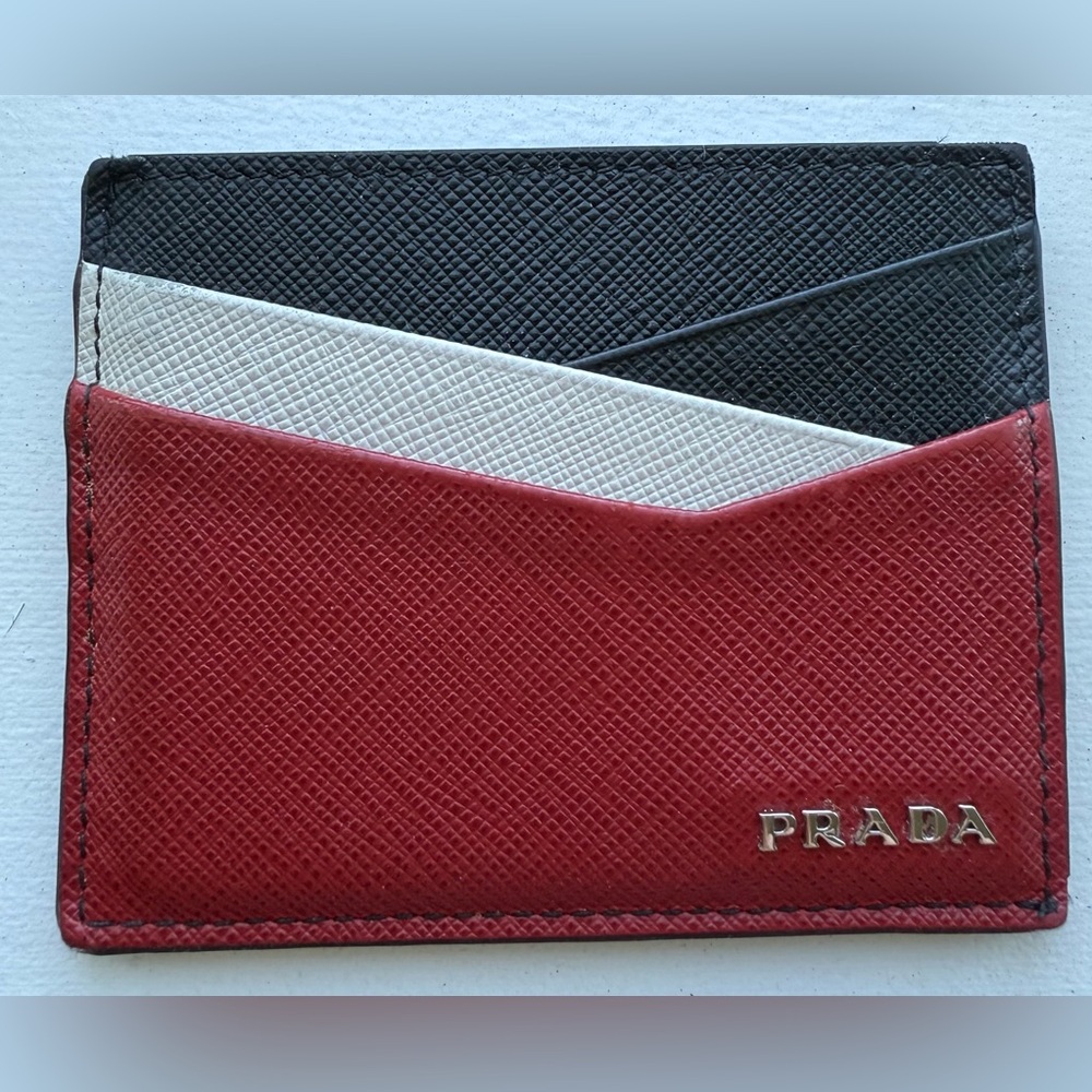 Prada Black, White, and Red Leather Card Holder